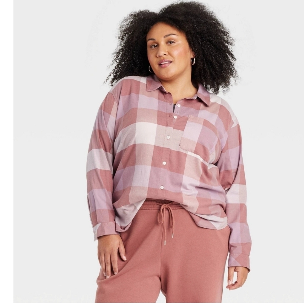 Women's Long Sleeve Flannel Button-Down Shirt - Ava & Viv Blush Plaid 2X